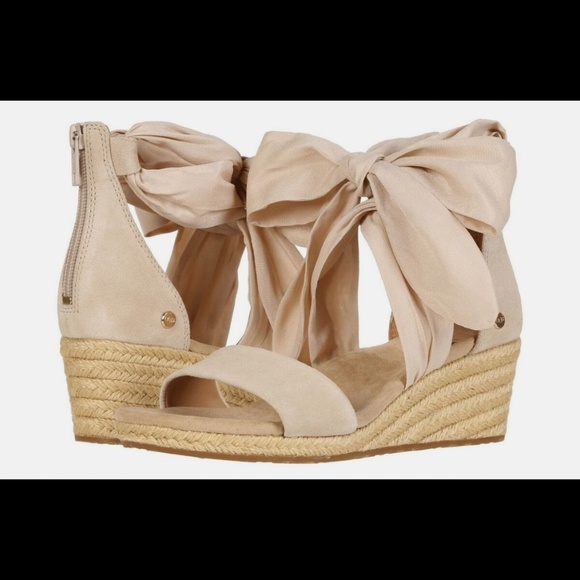 RARE - UGG Trina Nude Suede Wedges – Ballerina Wrap Ribbon Style – Size 7 - Picture 1 of 6